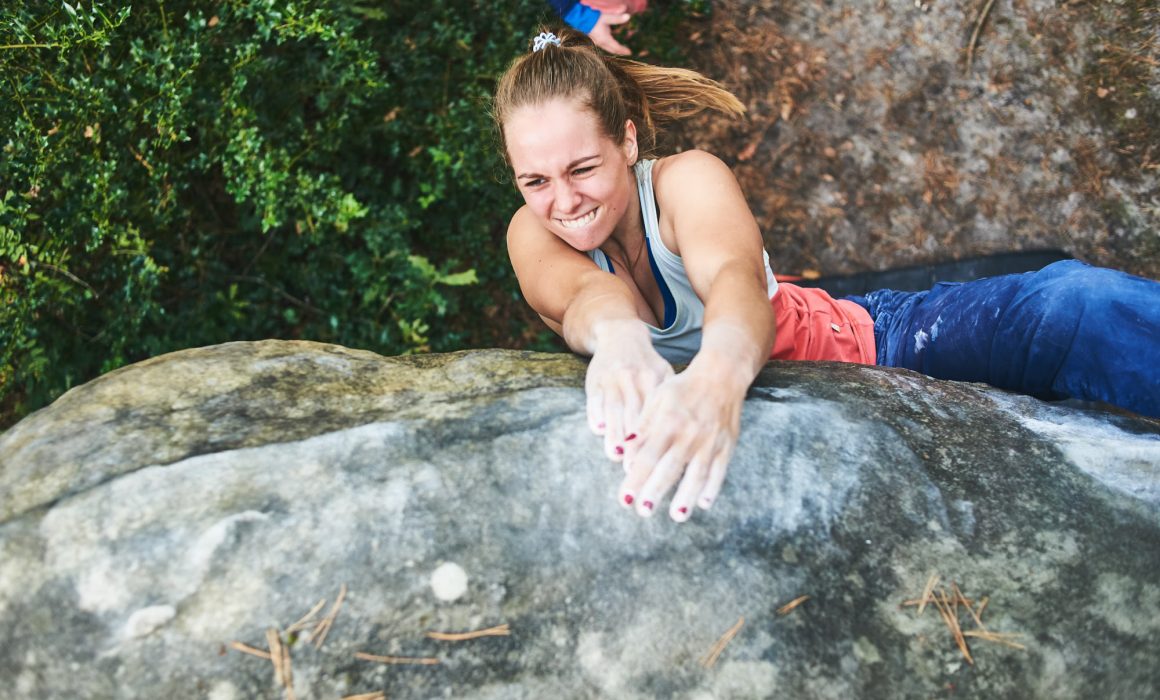 Mad Rock athlete Agnietė Šeibokaitė climbing in Fontainebleau