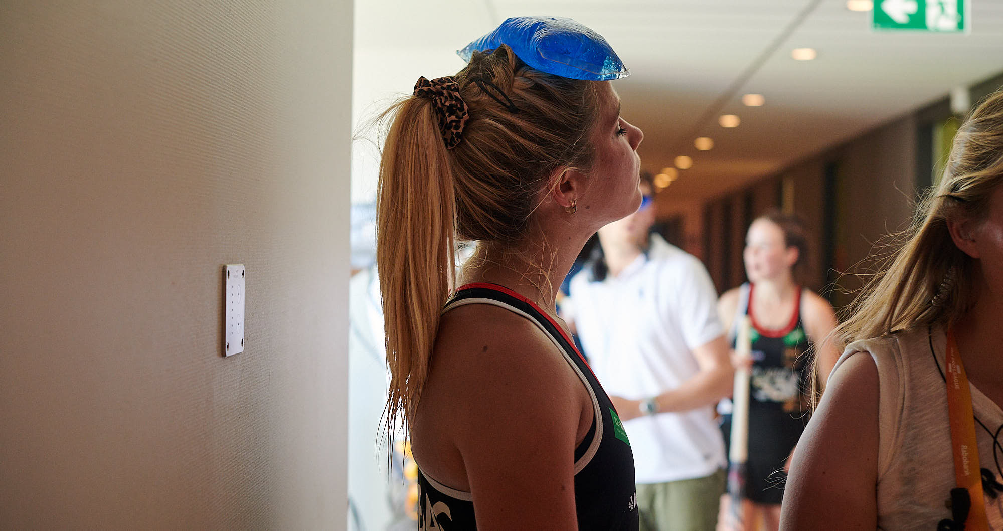 German national hockey team player puts ice on her forehead before FIH Pro league finals in Amsterdam
