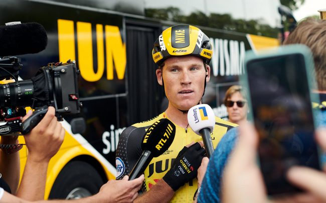 Mike Teunissen at the Jumbo-Visma bus before learning he won the first 2019 Tour de France stage