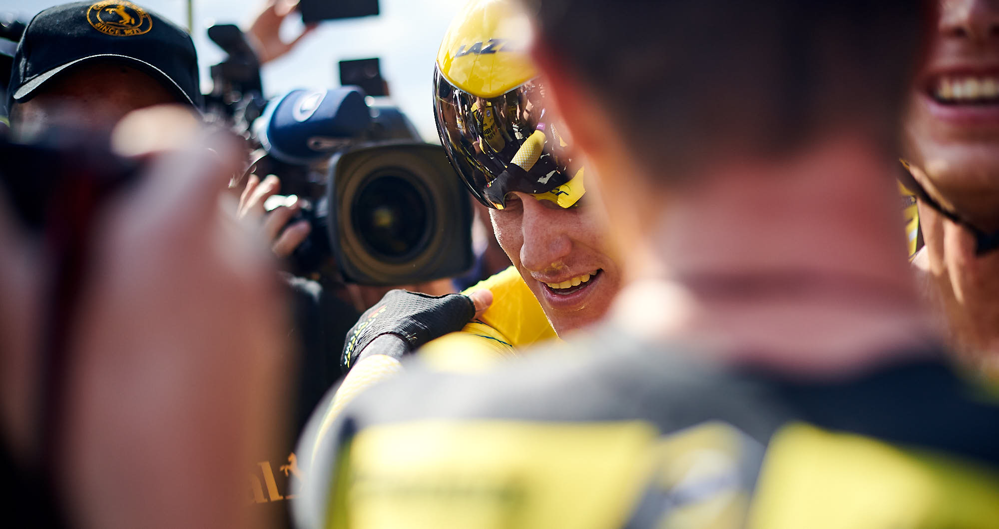 Mike Teunissen wearing the yellow jersey after the 2019 Tour de France time trial