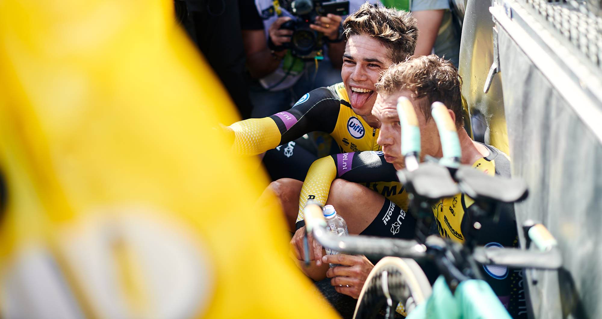 Belgian cyclist Wout van Aert celebrating after winning the 2019 Tour de France team time trial