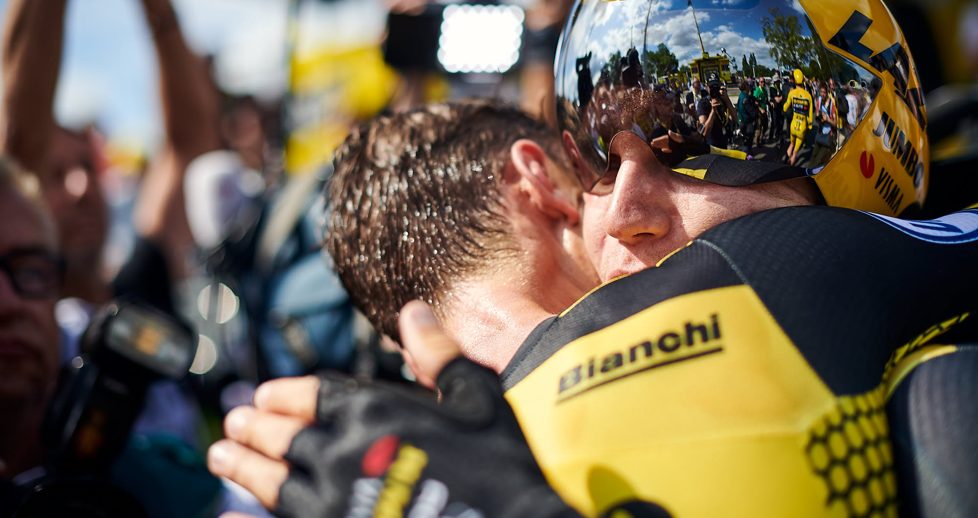 Close-up of Jumbo-Visma cyclist wearing a time trial cycling helmet
