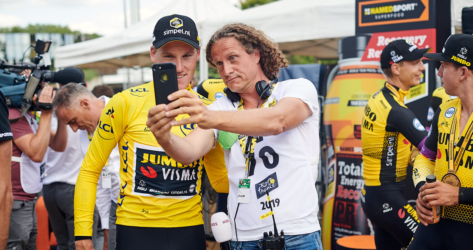 Jumbo-Visma rider Mike Teunissen and Han Kok in Brussels during the 2019 Tour de France