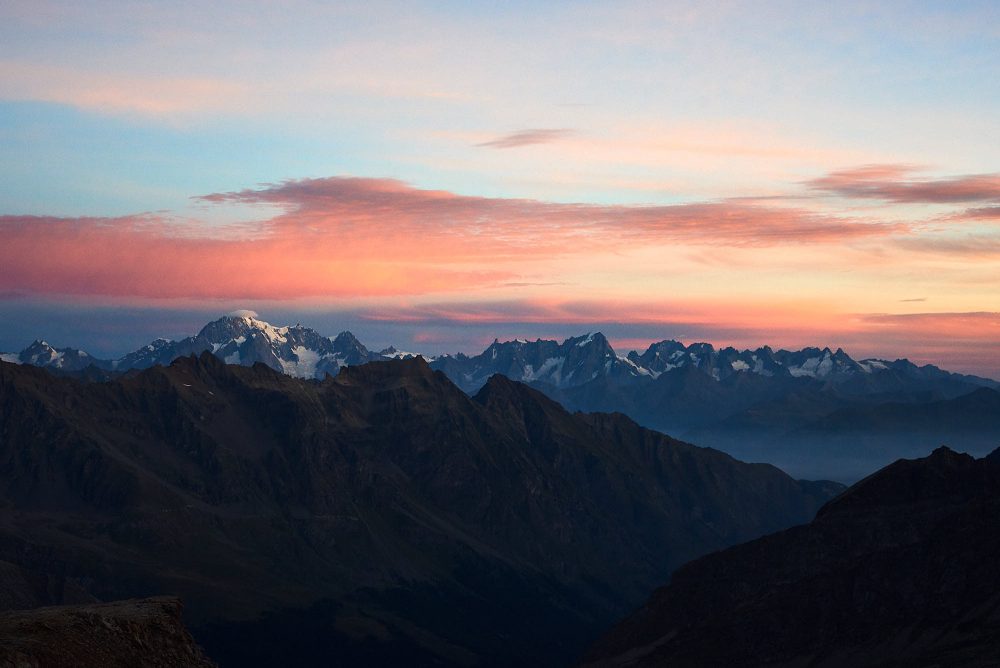 View of sunrise over Mont Blanc, taken from Gran Paradiso mountain in Italy